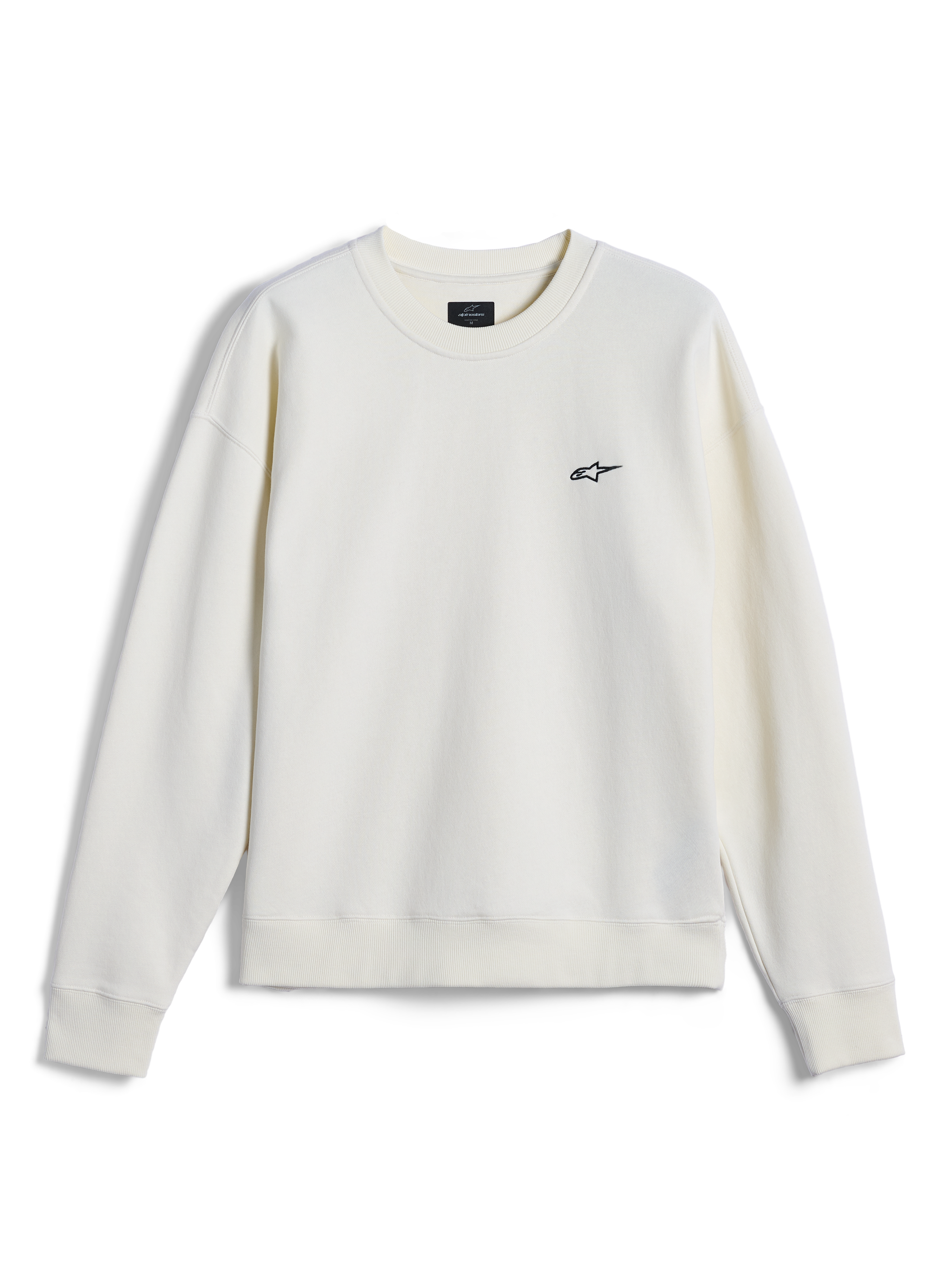 Alpinestars Essentials Ageless Crew, Rundhals-Sweatshirt, Off-White, kleines schwarzes Alpinestars-Logo auf der Brust, gerippter Kragen, Ärmelbündchen und Saum, lässige, vom Motorsport inspirierte Streetwear