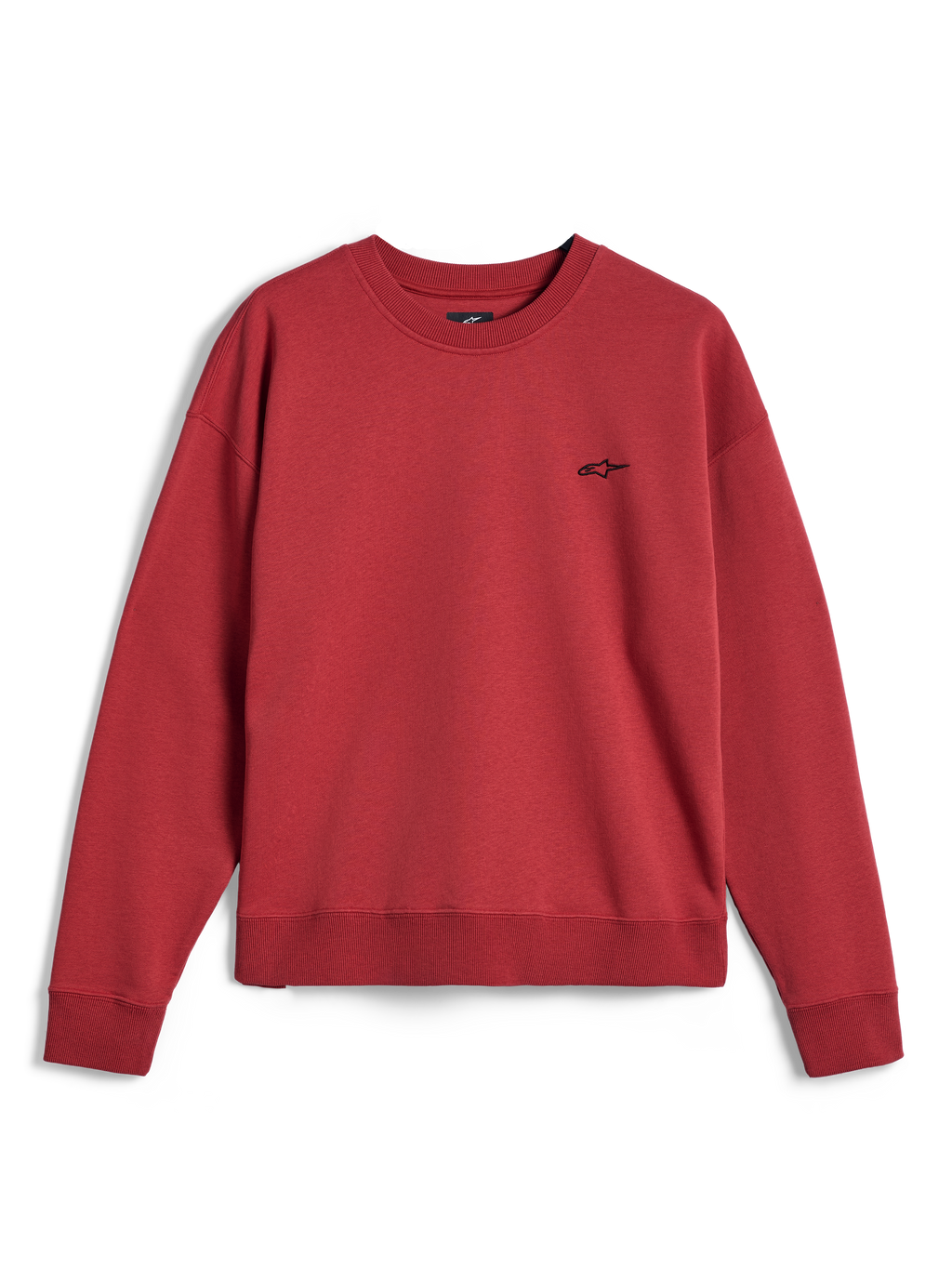 Alpinestars Essentials Ageless Crew, crewneck sweatshirt in Brick red, featuring a small black Alpinestars logo on the chest, ribbed collar, cuffs, and hem, casual premium sportswear fleece.