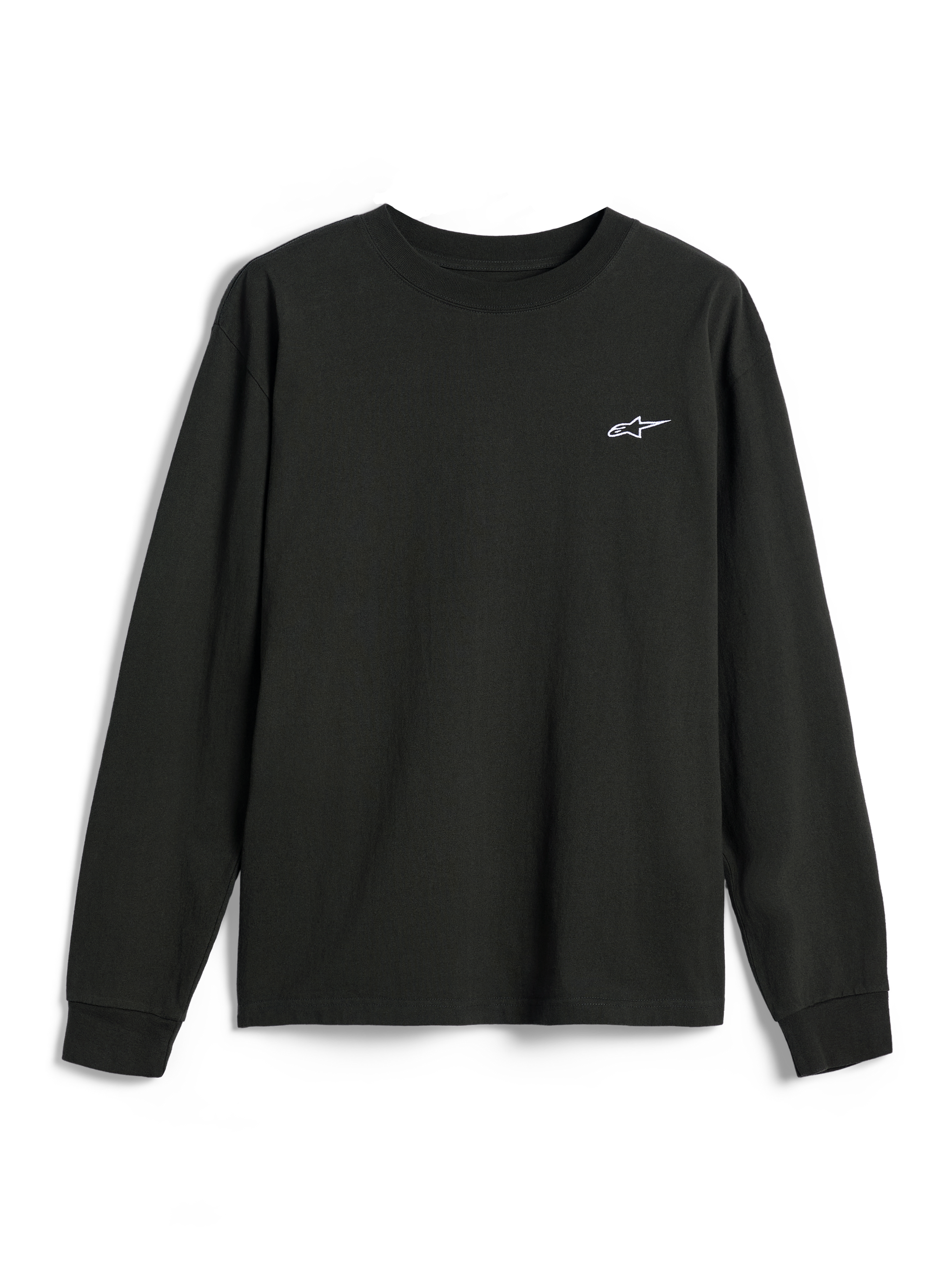 Alpinestars Essentials Ageless LS Tee, Langarmshirt, Off-Black, kleines weißes Alpinestars-Logo auf der Brust, Rundhalsausschnitt, entspannte Passform, lässige Lifestyle-Streetwear