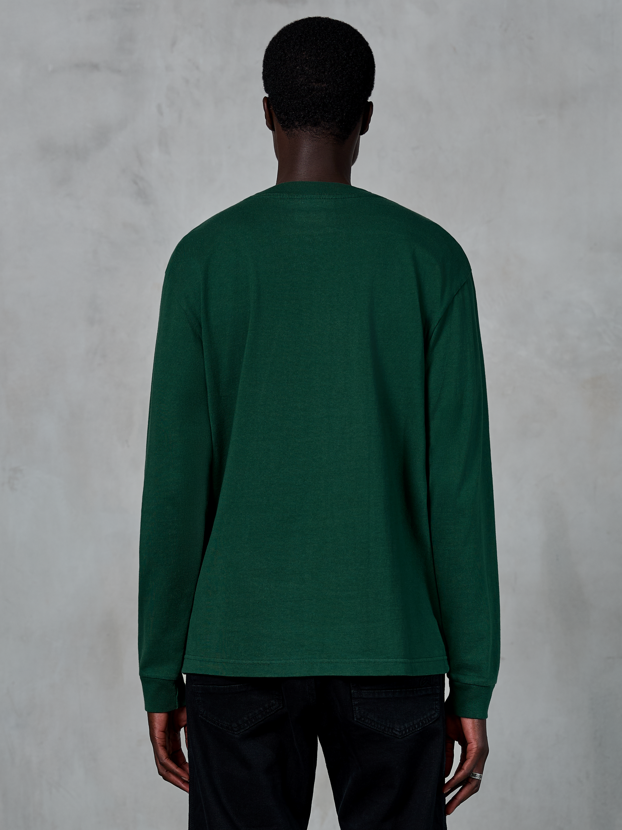 Alpinestars Essentials Ageless LS Tee, Long Sleeve T-Shirt, Pine Green, back view of model wearing relaxed fit organic cotton jersey tee, casual motorsport-inspired streetwear