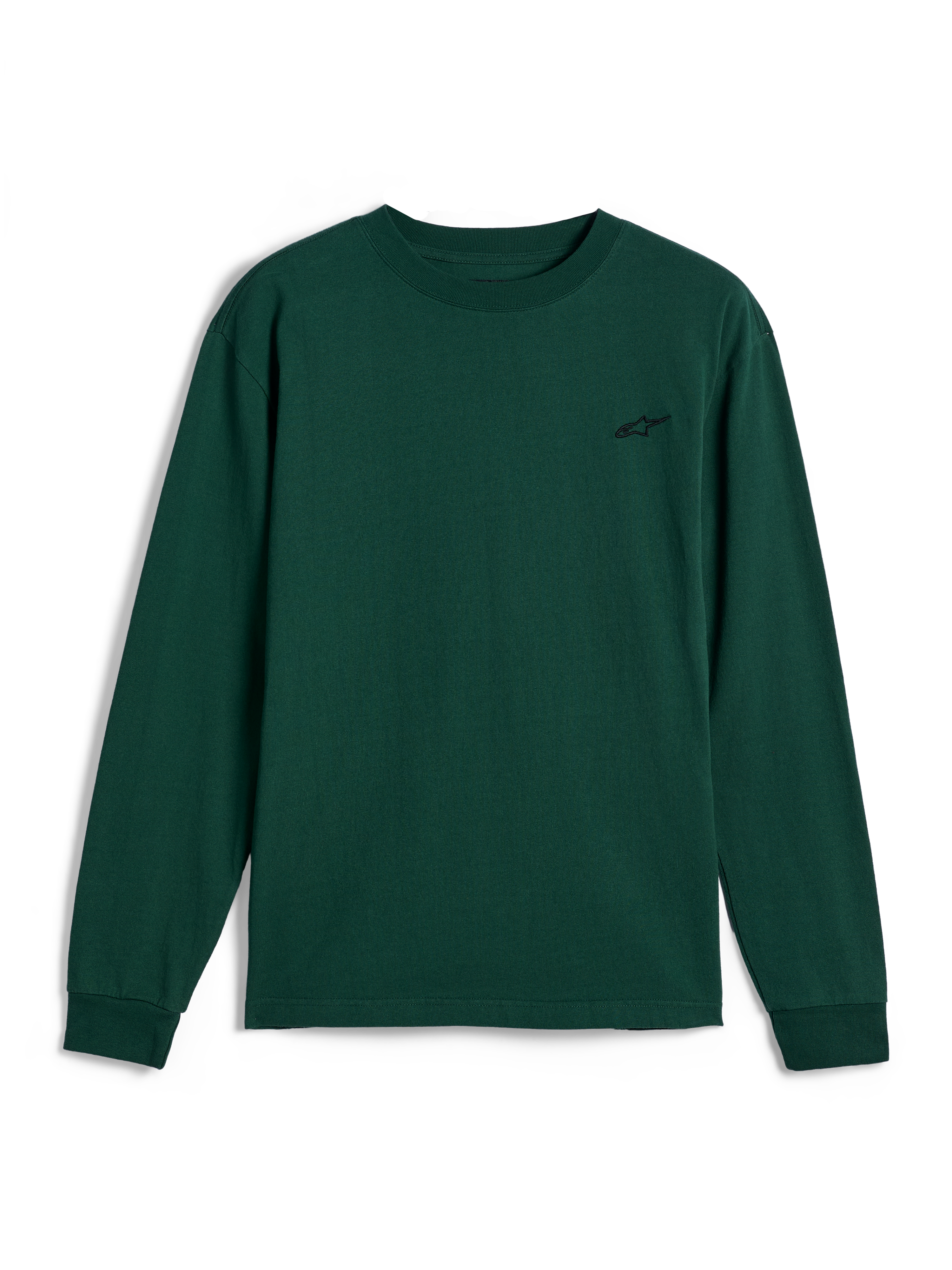 Alpinestars Essentials Ageless LS Tee, Langarm-T-Shirt, Pine Green, kleines schwarzes gesticktes Logo auf der linken Brust, lässige Motorsport-Streetwear