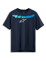 Alpinestars Collared CSF Tee, kurzärmliges T-Shirt, Marineblau, hellblauer Alpinestars-Schriftzug und weißes Stern-Logo, lässige Performance-Sportbekleidung