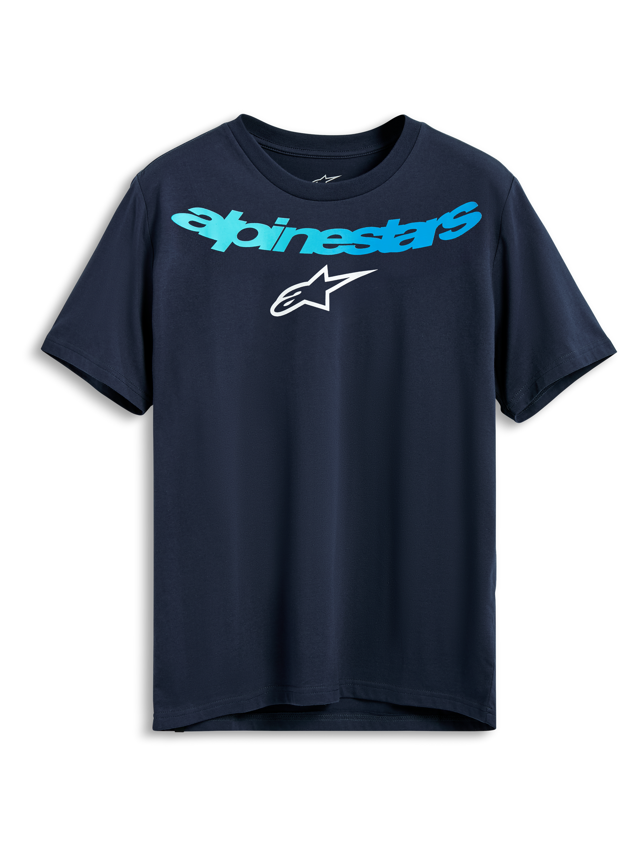 Alpinestars Collared CSF Tee, kurzärmliges T-Shirt, Marineblau, hellblauer Alpinestars-Schriftzug und weißes Stern-Logo, lässige Performance-Sportbekleidung