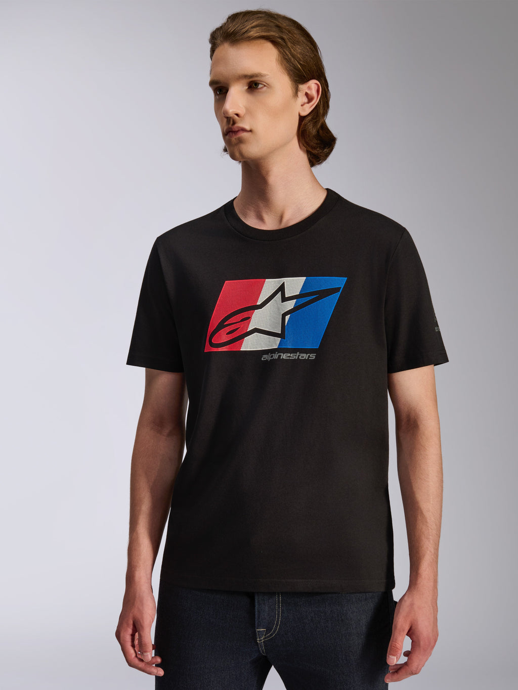 Alpinestars Global CSF Tee, Short Sleeve T-Shirt, Black with Red White and Blue chest graphic, Ageless shadow logo, casual motorsport-inspired streetwear