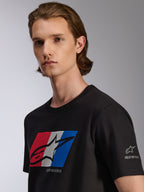 Alpinestars Global CSF Tee, Short Sleeve T-Shirt, Black, Red White and Blue graphic with black shadow logo, detail view on model, casual motorsport streetwear