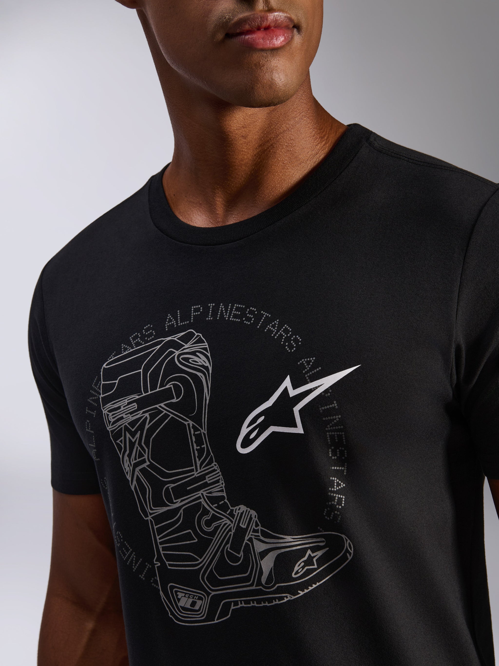 Alpinestars Tech Boot CSF Tee, Short Sleeve T-Shirt, Black, featuring a large tech boot graphic with circular Alpinestars wordmark and white star logo, Casual Motorsport Streetwear