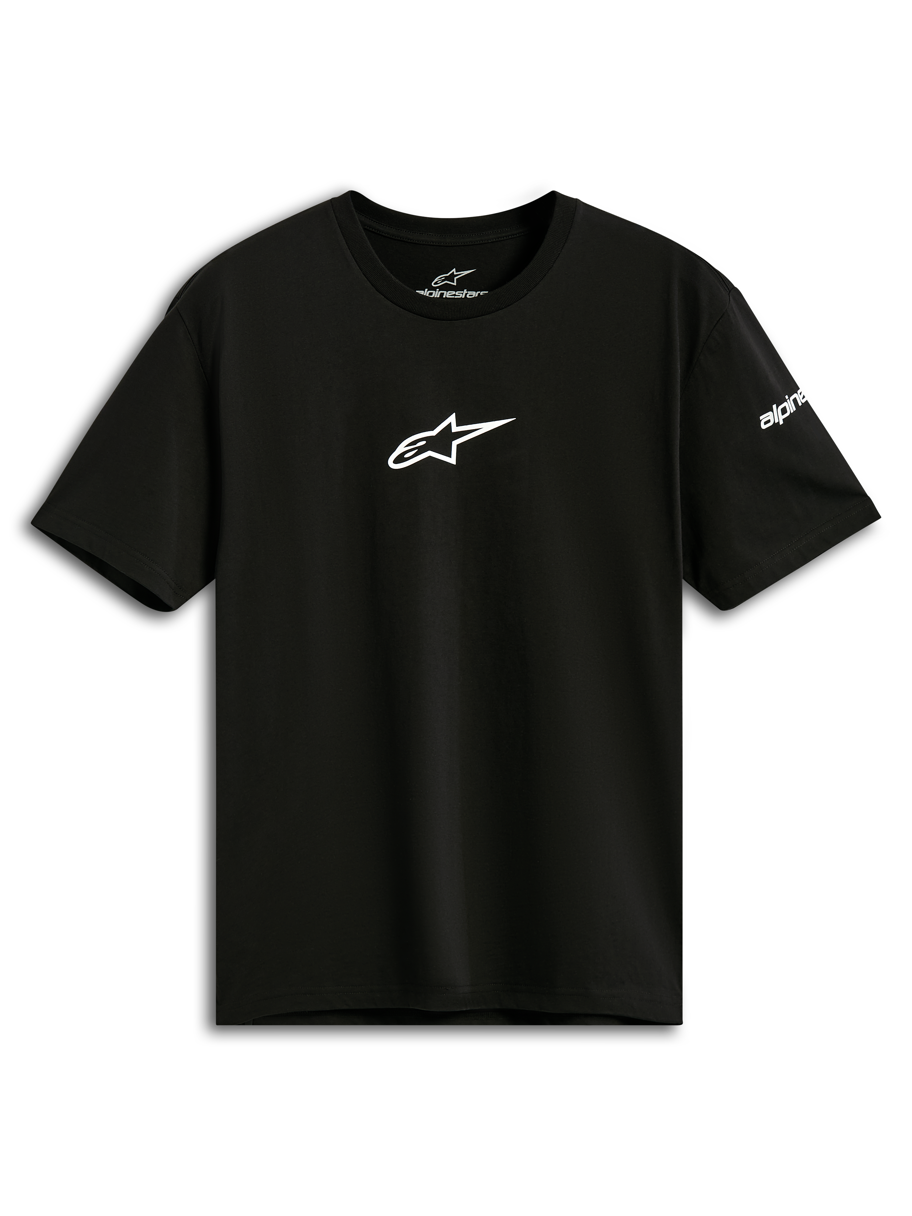 Alpinestars Frontal CSF Tee, kurzärmliges T-Shirt, Schwarz, weißes Astars-Logo auf der Brust, Casual Performance Sportbekleidung