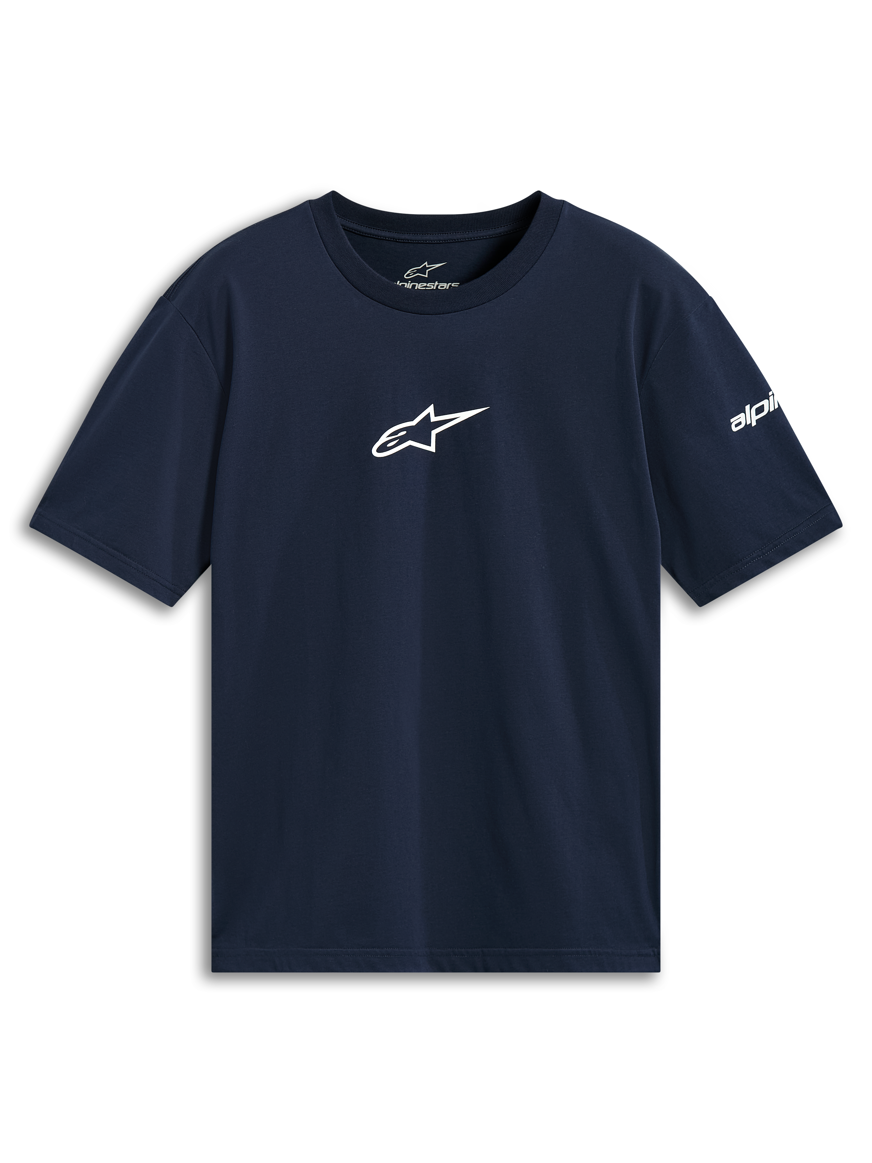 Alpinestars Frontal CSF Tee, Kurzarm-T-Shirt, Marineblau, weißes Stern-Logo auf der Brustmitte, nachhaltige Performance-Sportbekleidung