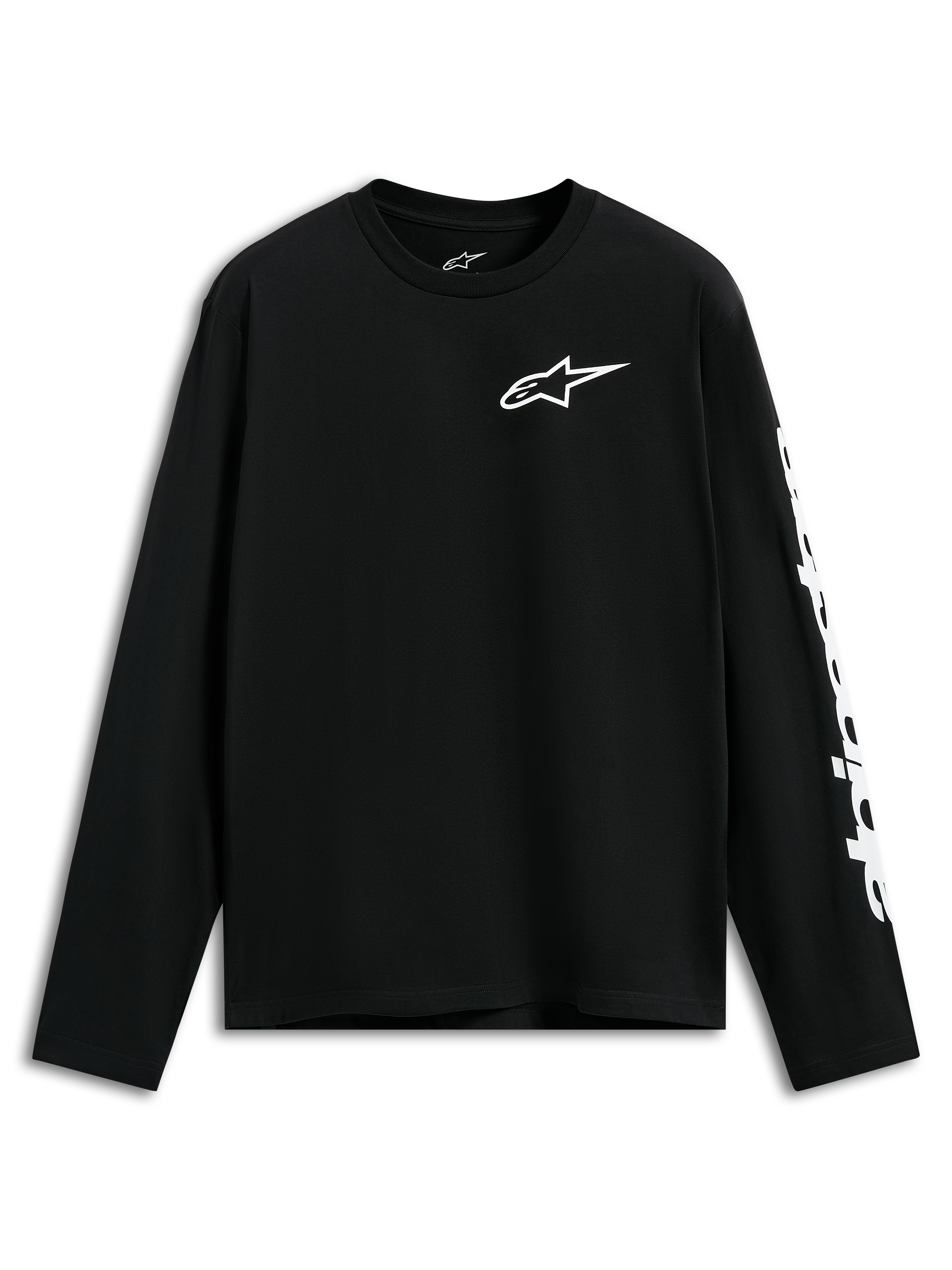 Alpinestars Trackside CSF Tee, Langarmshirt, Schwarz, weißes Alpinestars-Logo auf der Brust und Grafik auf dem Ärmel, lässige vom Motorsport inspirierte Streetwear