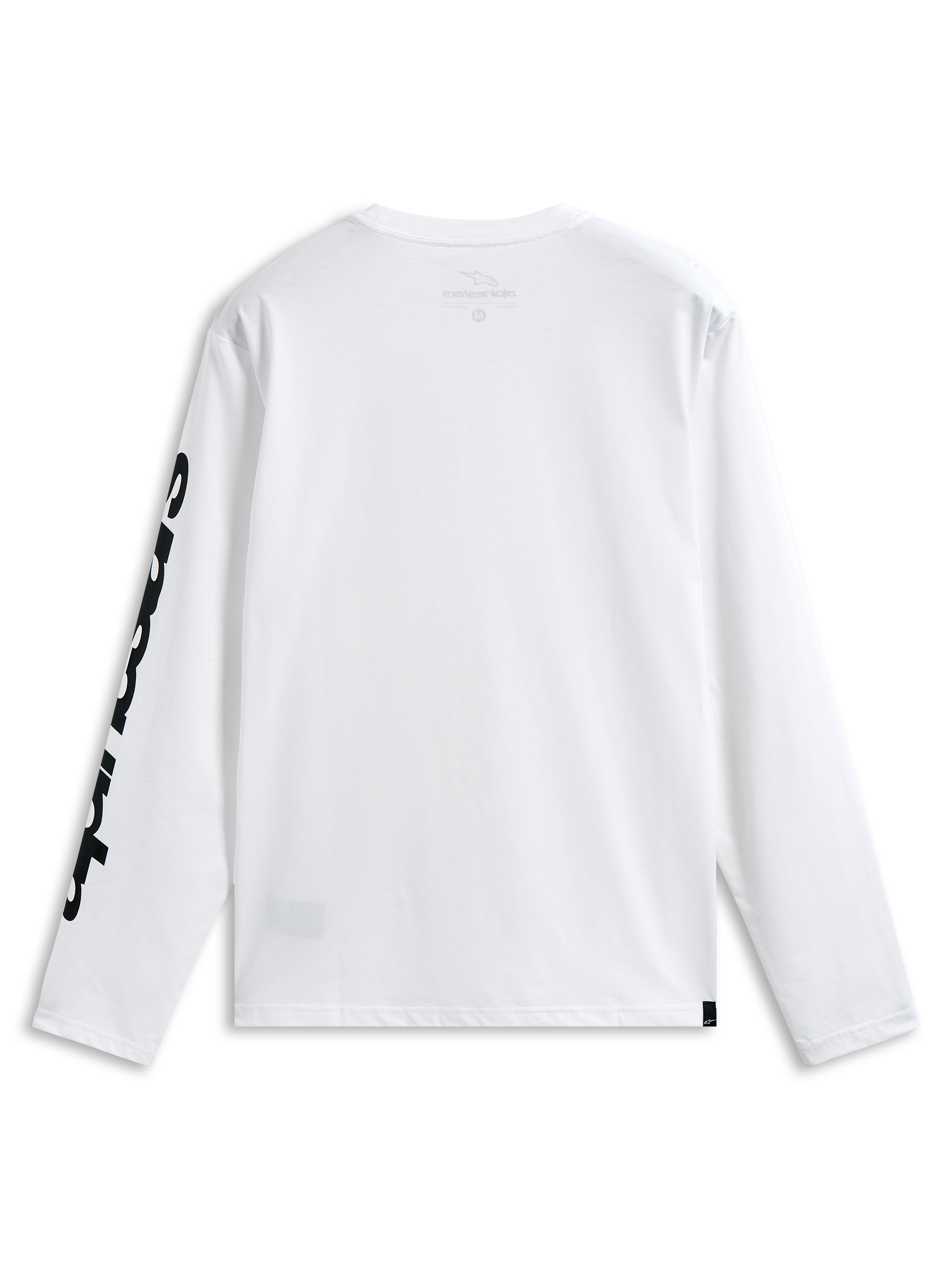 Alpinestars Trackside CSF Tee, Langarm-T-Shirt, Weiß und Schwarz, Rückansicht mit markanter schwarzer Grafik auf dem Ärmel, lässige, vom Motorsport inspirierte Streetwear