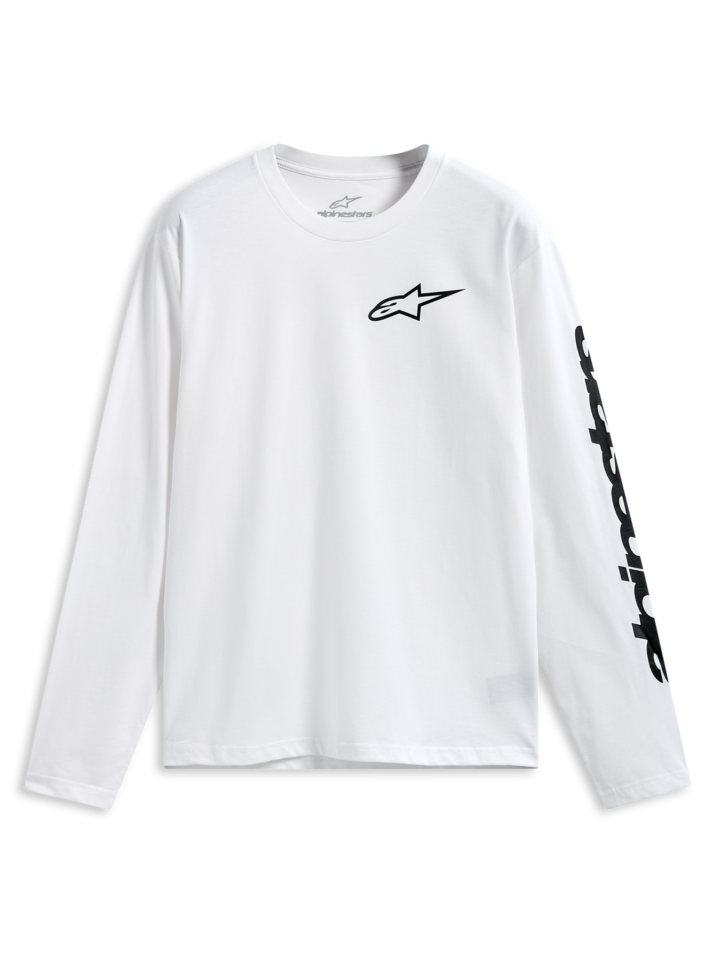 Alpinestars Trackside CSF Tee, Langarm-T-Shirt, Weiß, schwarzes Alpinestars-Logo auf der Brust und Wortmarke auf dem Ärmel, lässige Motorsport-Sportbekleidung