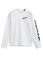 Alpinestars Trackside CSF Tee, Langarm-T-Shirt, Weiß, schwarzes Alpinestars-Logo auf der Brust und Wortmarke auf dem Ärmel, lässige Motorsport-Sportbekleidung