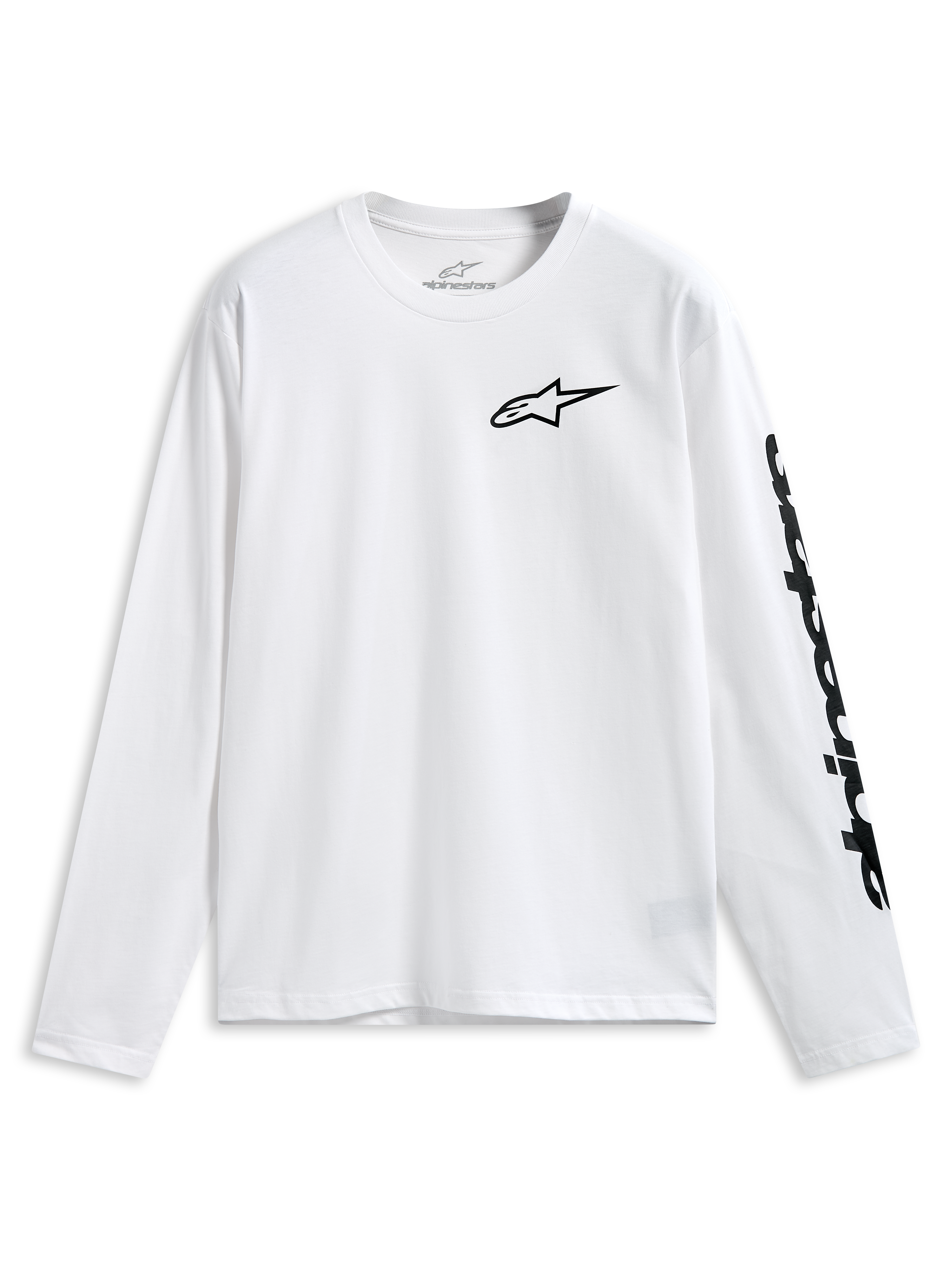 Alpinestars Trackside CSF Tee, Langarm-T-Shirt, Weiß, schwarzes Alpinestars-Logo auf der Brust und Wortmarke auf dem Ärmel, lässige Motorsport-Sportbekleidung