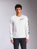 Alpinestars Trackside CSF Tee, Langarm-T-Shirt, Weiß, schwarzes Alpinestars-Brustlogo und Ärmel-Branding, lässige Motorsport-Streetwear, Frontansicht