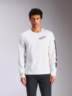 Alpinestars Trackside CSF Tee, Langarm-T-Shirt, Weiß, schwarzes Alpinestars-Brustlogo und Ärmel-Branding, lässige Motorsport-Streetwear, Frontansicht