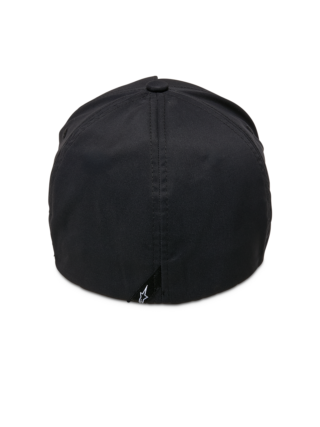 Alpinestars Ageless Reflex Waterproof Hat, Black, Back View, featuring flex-back construction, technical waterproof fabric, and a small black tag with the white Astars logo at the base.