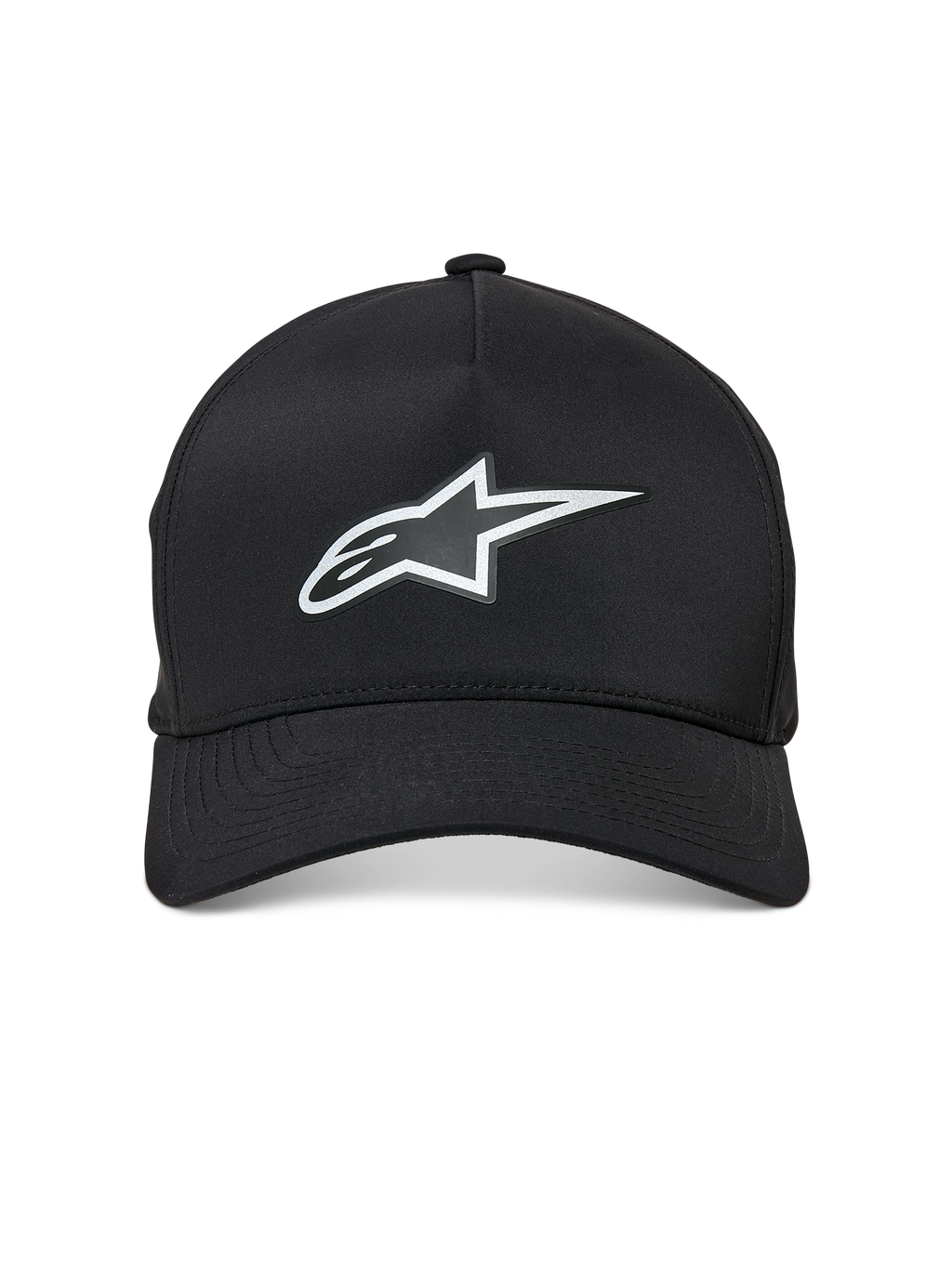 Alpinestars Ageless Reflex Waterproof Hat, Curved Bill Baseball Cap, Black, featuring a reflective silver Astars logo on the front, structured crown and technical waterproof fabric, front view