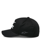 Alpinestars Ride Sonic Hat, structured baseball cap, Black, side profile view featuring a curved bill and small grey embroidered star logo on the side panel, stretch twill fabric, casual motorsport headwear