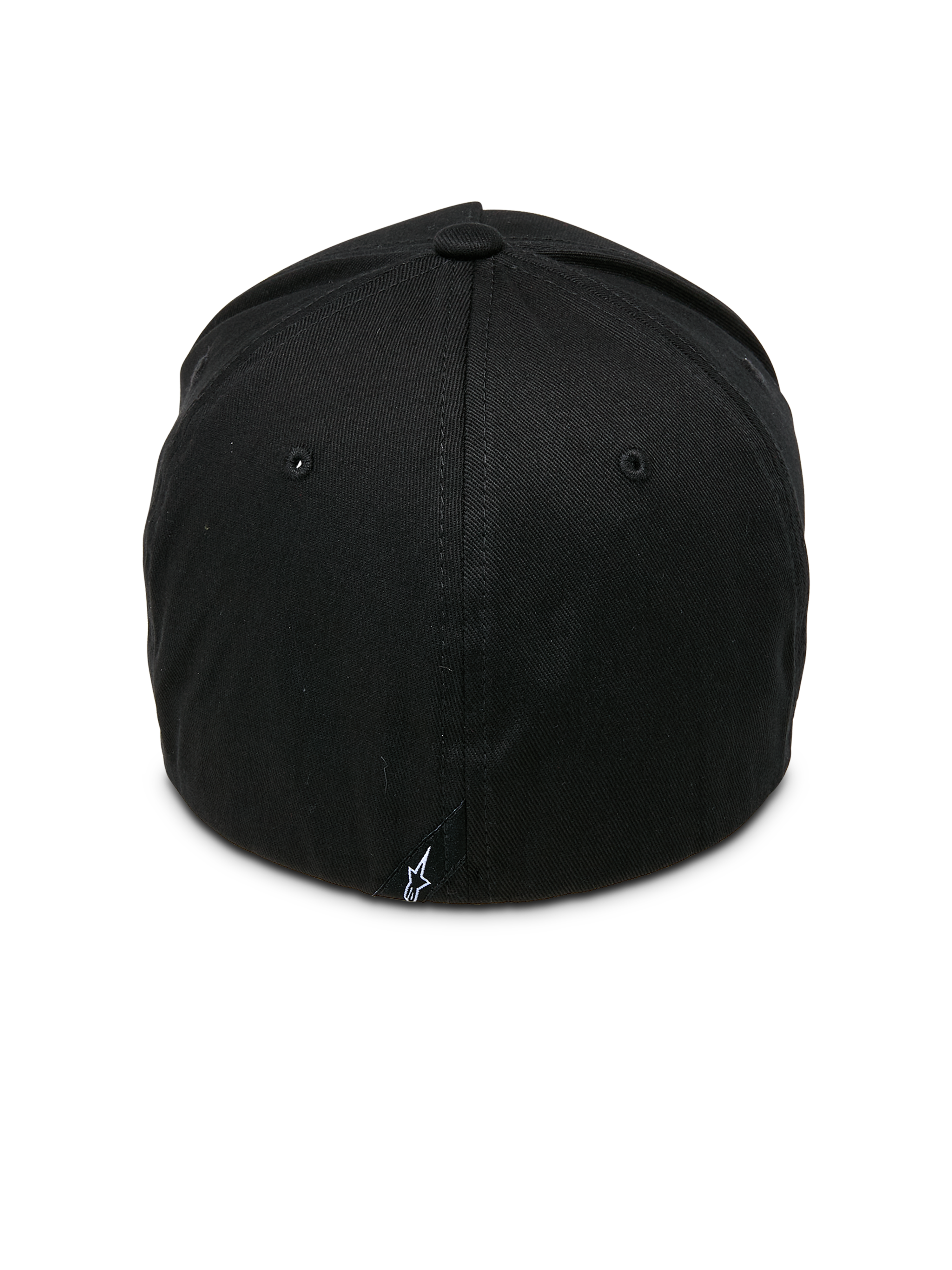 Alpinestars Ride Sonic Hat, Black and White, rear view featuring structured crown and flex-back construction, small white star logo tag, casual motorsport-inspired headwear