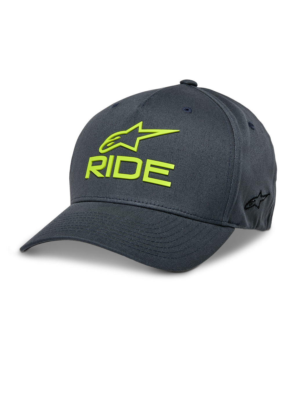 Alpinestars Ride Sonic Hat, Baseball-Cap in Dunkelgrau und Neongelb, 3D-gesticktes RIDE- und Stern-Logo, gebogener Schirm, strukturierte Krone, lässige Motorsport-Kopfbedeckung aus Stretch-Twill