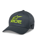 Alpinestars Ride Sonic Hat, Baseball-Cap in Dunkelgrau und Neongelb, 3D-gesticktes RIDE- und Stern-Logo, gebogener Schirm, strukturierte Krone, lässige Motorsport-Kopfbedeckung aus Stretch-Twill