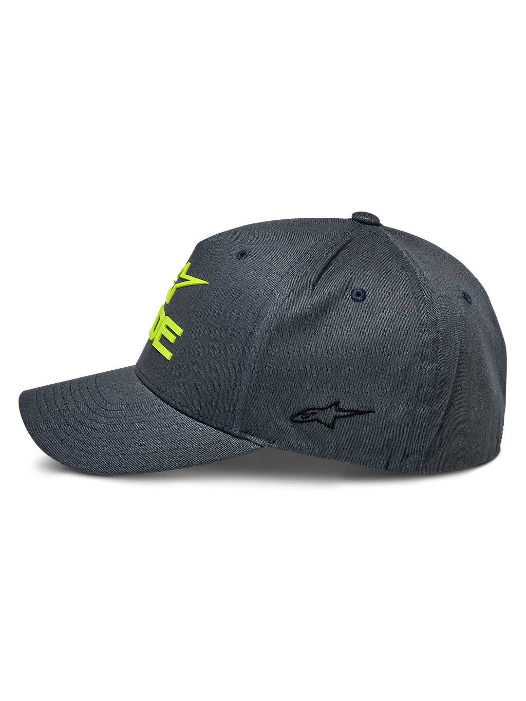 Alpinestars Ride Sonic Cap, Anthrazit und Neongelb, Seitenprofil mit gebogenem Schirm und strukturierter Krone, gelbes 3D-Sticklogo auf der Vorderseite und kleines schwarzes Stern-Logo am Seitenpanel, lässige Motorsport-Kopfbedeckung