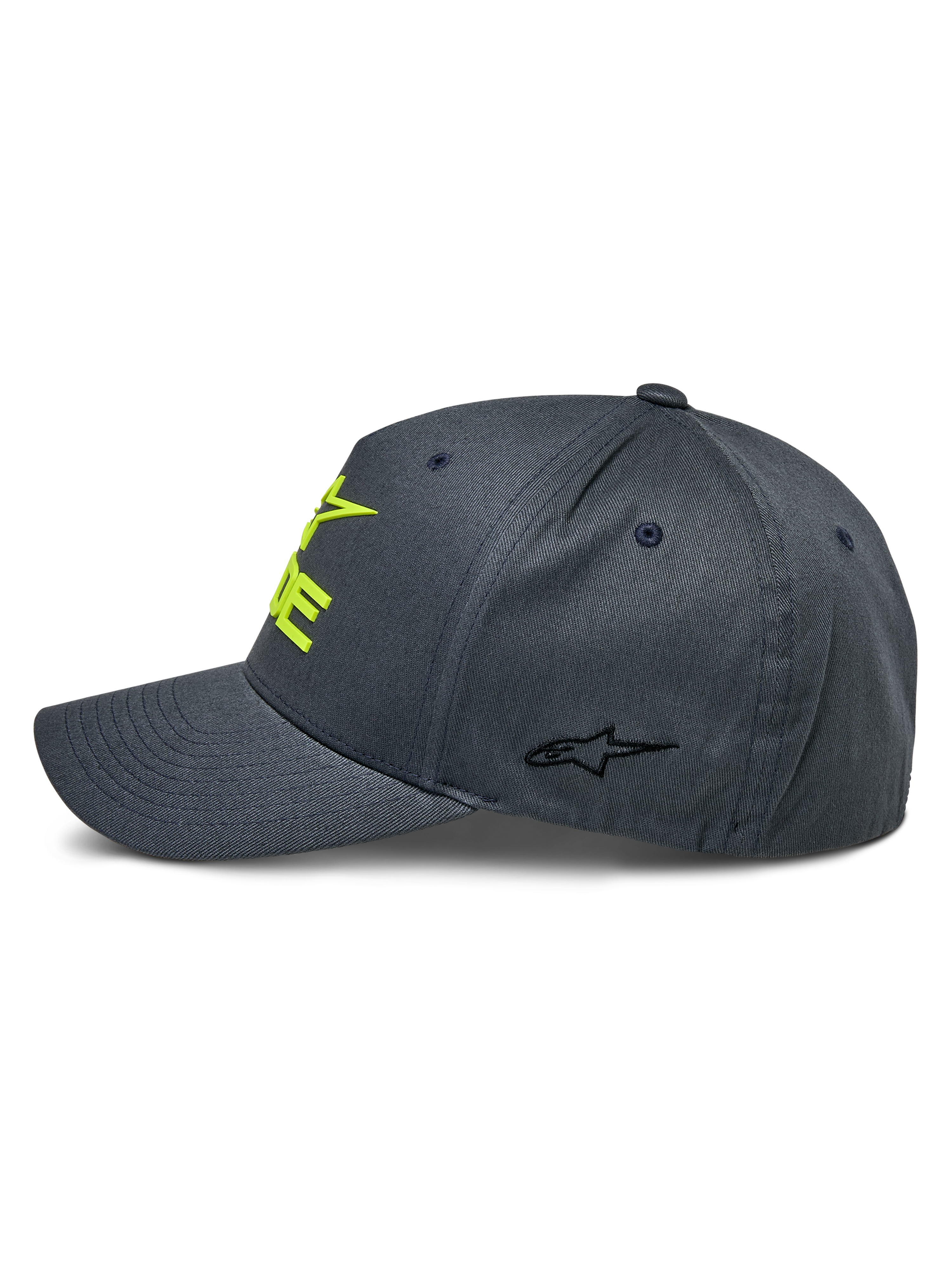 Alpinestars Ride Sonic Cap, Anthrazit und Neongelb, Seitenprofil mit gebogenem Schirm und strukturierter Krone, gelbes 3D-Sticklogo auf der Vorderseite und kleines schwarzes Stern-Logo am Seitenpanel, lässige Motorsport-Kopfbedeckung