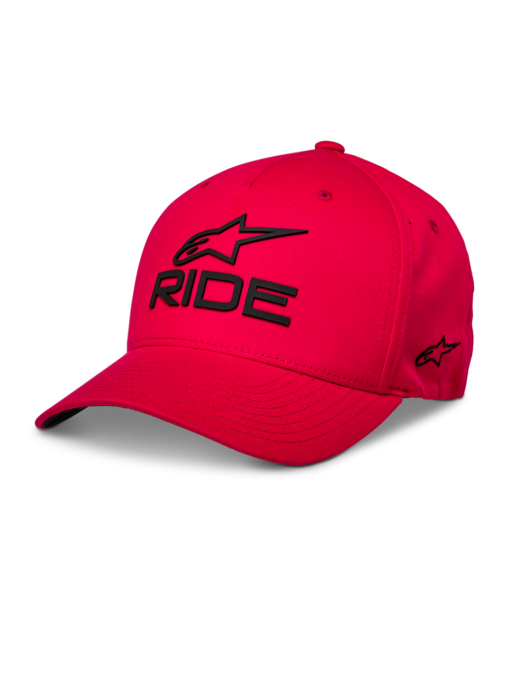 Alpinestars Ride Sonic Hat, rote Baseball-Cap, schwarze 3D-Stickerei „RIDE“ und Alpinestars-Logo, gebogener Schirm, strukturierte Krone, lässige Motorsport-Streetwear
