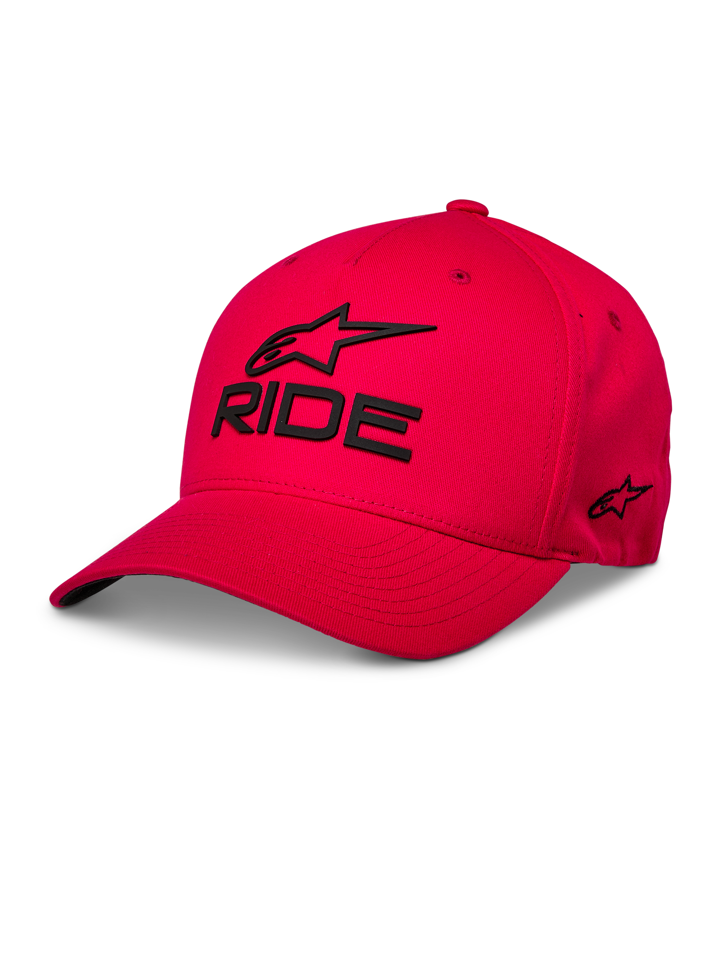 Alpinestars Ride Sonic Hat, Red Baseball Cap, Black 3D embroidered 'RIDE' and Alpinestars logo, curved brim, structured crown, casual motorsport streetwear