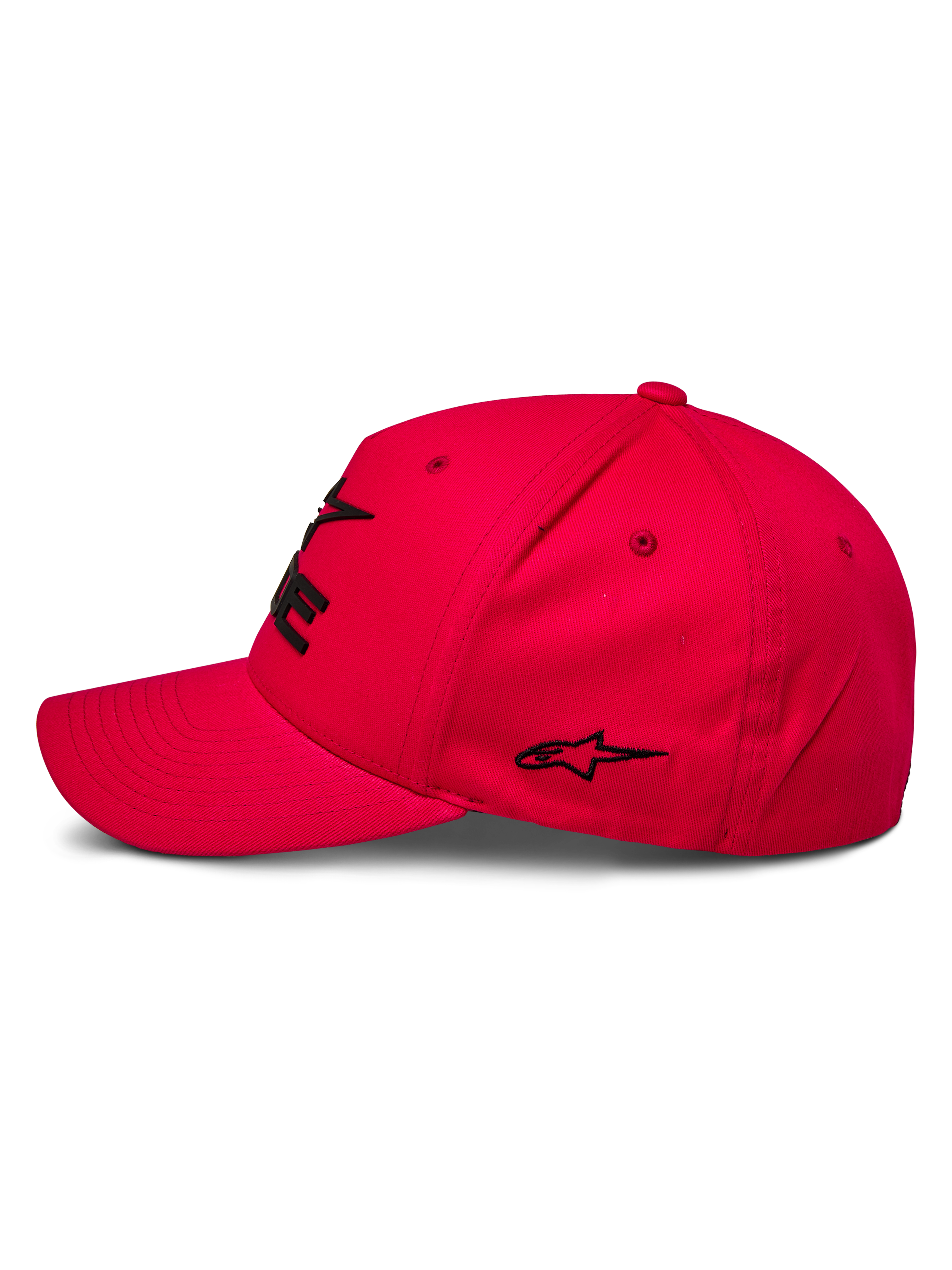 Alpinestars Ride Sonic Mütze, Sportswear-Cap, Rot, Profilansicht mit gebogenem Schirm und strukturierter Krone, schwarzes 3D-Sticklogo und Sterndetail, lässiges, vom Motorsport inspiriertes Design