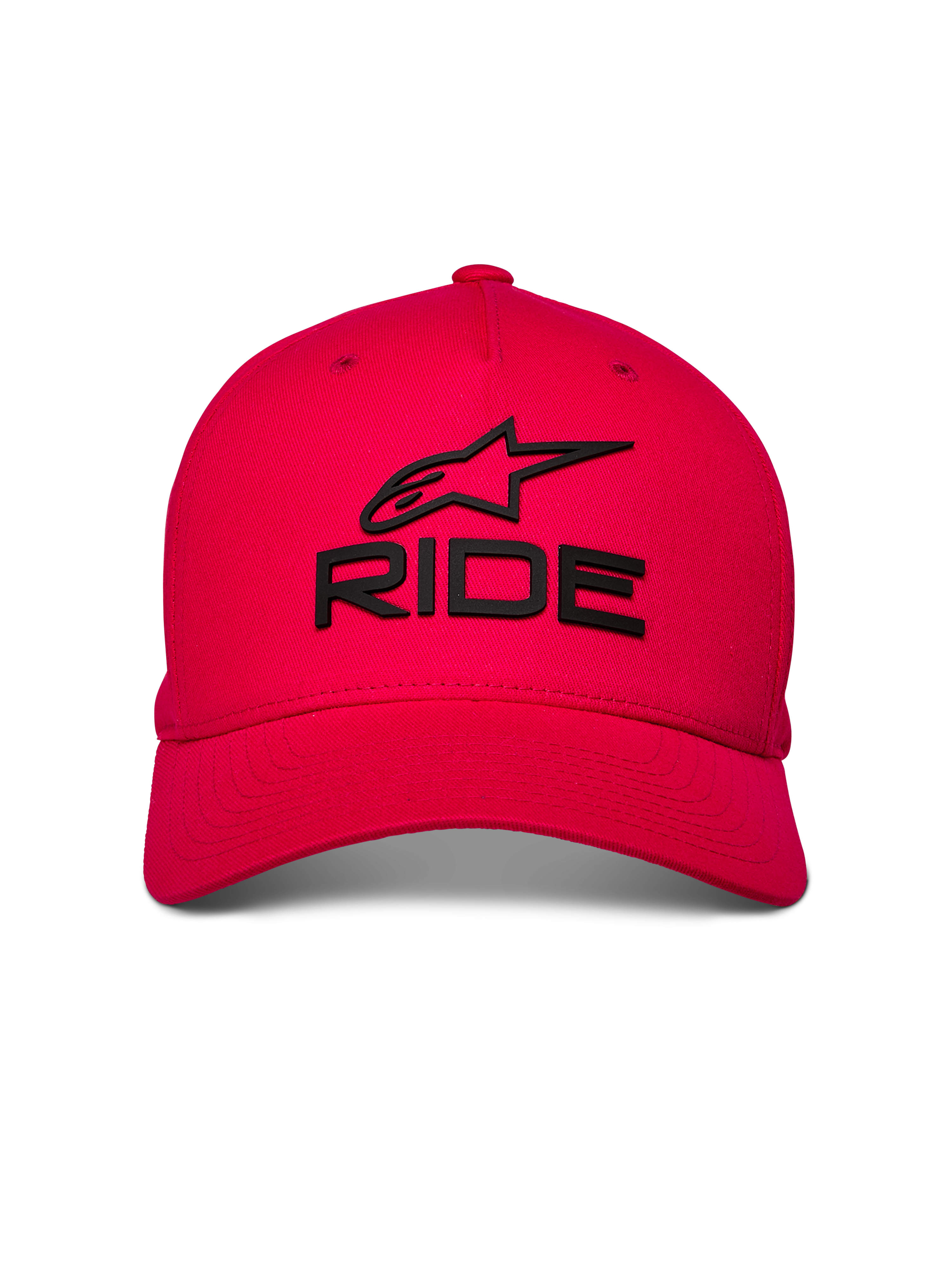 Alpinestars Ride Sonic Cap, Rote Baseballkappe, schwarzes gesticktes 3D-RIDE- und Stern-Logo, gebogener Schirm mit strukturierter Krone, lässige Motorsport-Kopfbedeckung
