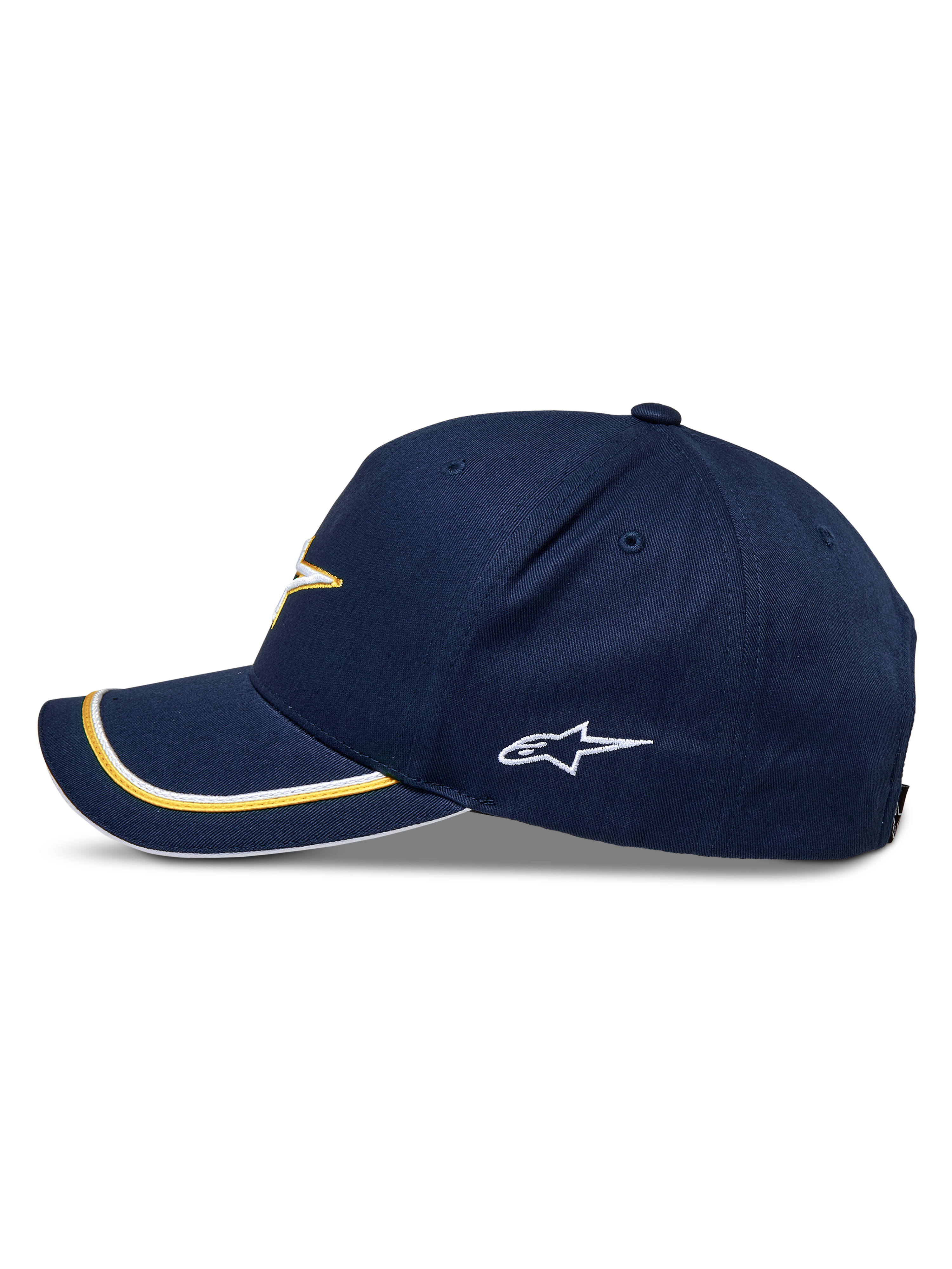 Alpinestars Ascension Snapback Hat, Navy Gold, side profile featuring a curved bill with gold and white double sutache trim, embroidered side logo, casual motorsport streetwear