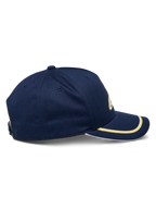 Alpinestars Ascension Snapback Hat, side view, Navy blue with gold and white sutache trim on the curved bill, structured crown, casual motorsport headwear