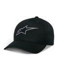 Alpinestars Ageless Snapback Kappe, schwarze Baseball-Kappe mit anthrazitfarbenem besticktem Stern-Logo, gebogener Schirm, strukturierte Krone, lässige Motorsport-Kopfbedeckung
