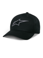 Alpinestars Ageless Snapback Kappe, schwarze Baseball-Kappe mit anthrazitfarbenem besticktem Stern-Logo, gebogener Schirm, strukturierte Krone, lässige Motorsport-Kopfbedeckung