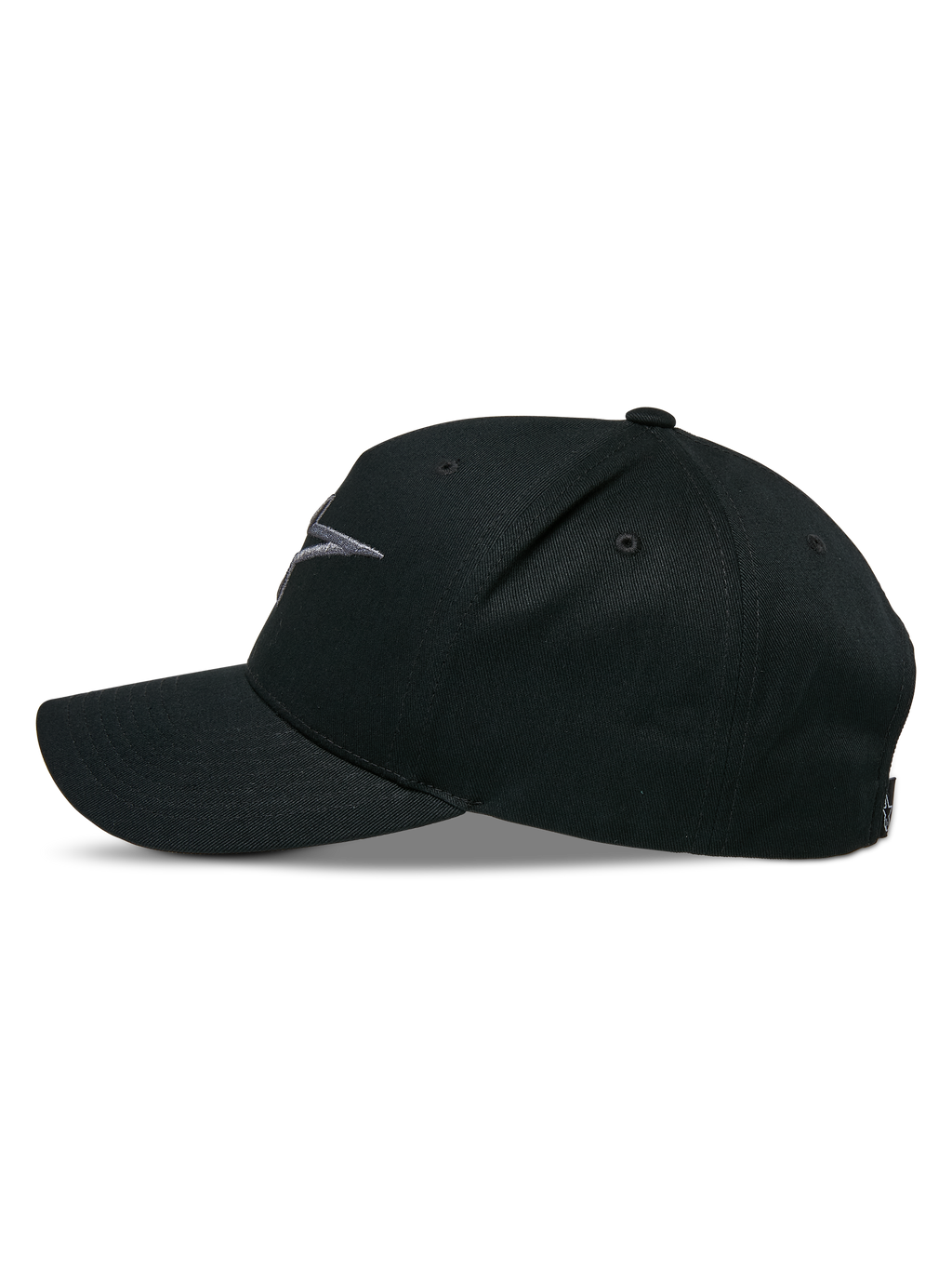 Alpinestars Ageless Snapback Kappe, Seitenprofil, Schwarz Charcoal, gebogener Schirm mit strukturierter Krone, 3D-gesticktes Logo auf der Vorderseite, Hauptmaterial Baumwolltwill, lässige Motorsport-Kopfbedeckung