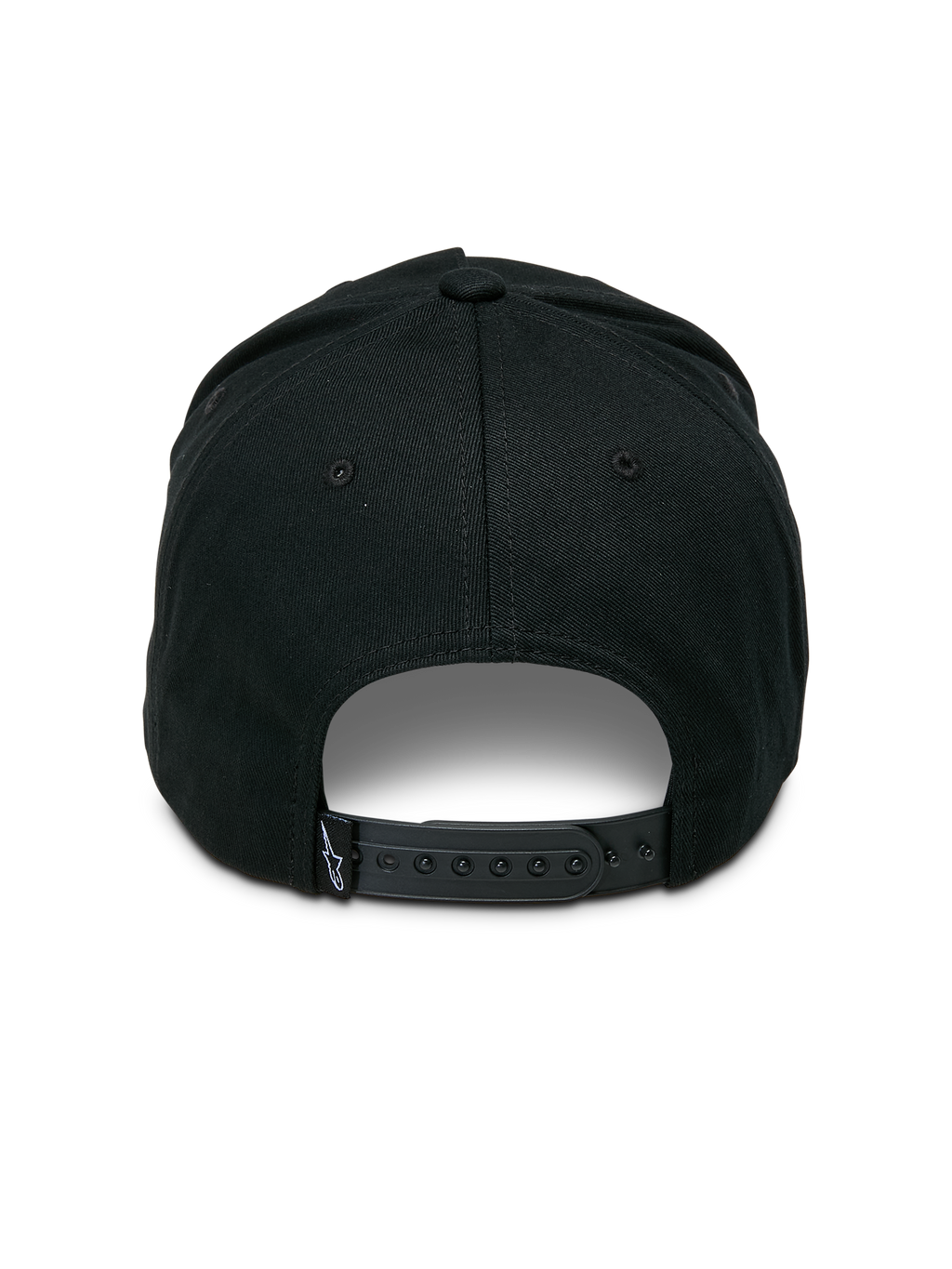 Alpinestars Ageless Snapback Hat, Schwarz, Rückansicht mit verstellbarem Snapback-Verschluss, kleines gewebtes Etikett mit Stern-Logo, strukturierte Krone aus Baumwoll-Twill, lässige, vom Motorsport inspirierte Kopfbedeckung