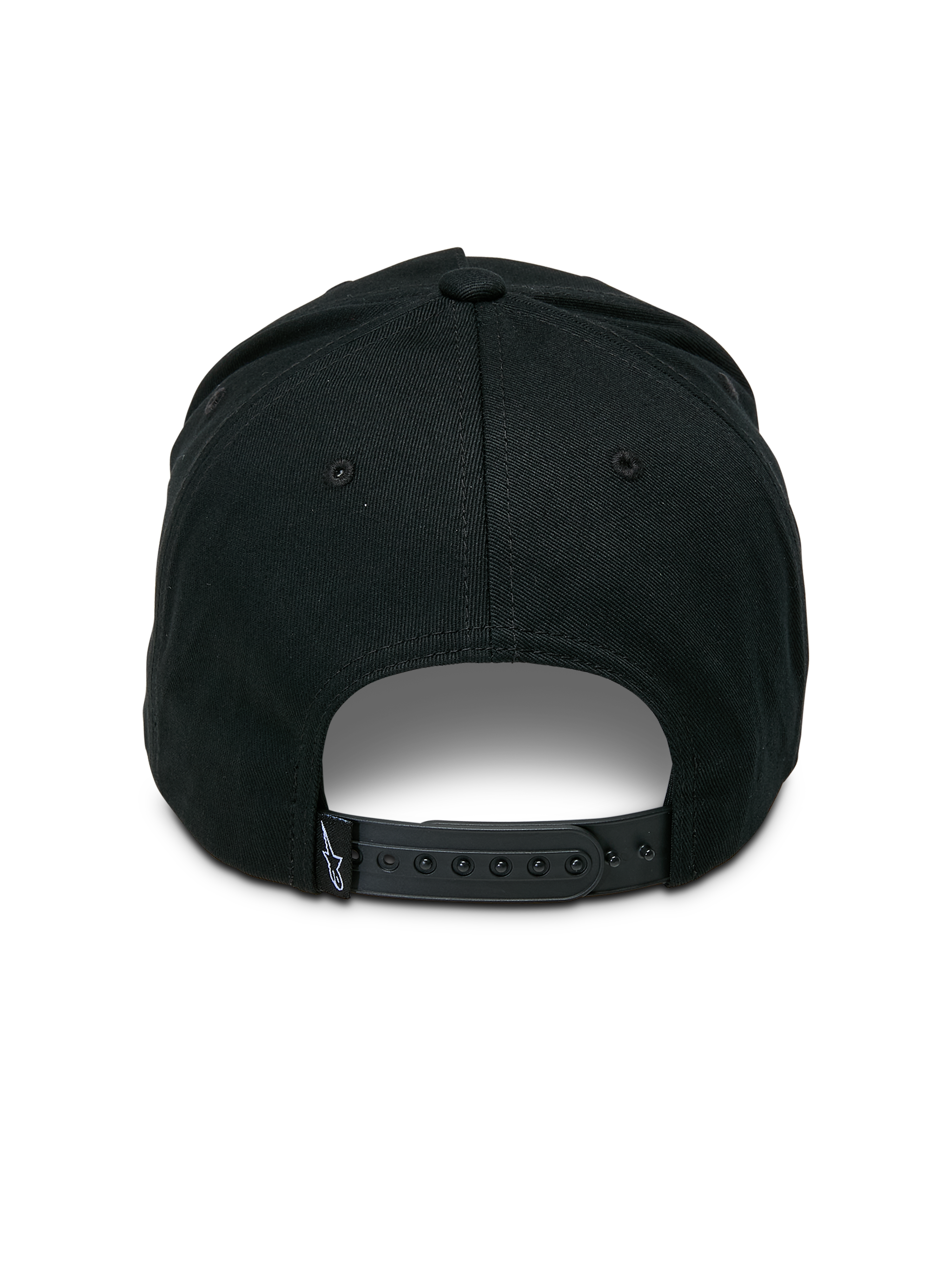Alpinestars Ageless Snapback Hat, Schwarz, Rückansicht mit verstellbarem Snapback-Verschluss, kleines gewebtes Etikett mit Stern-Logo, strukturierte Krone aus Baumwoll-Twill, lässige, vom Motorsport inspirierte Kopfbedeckung