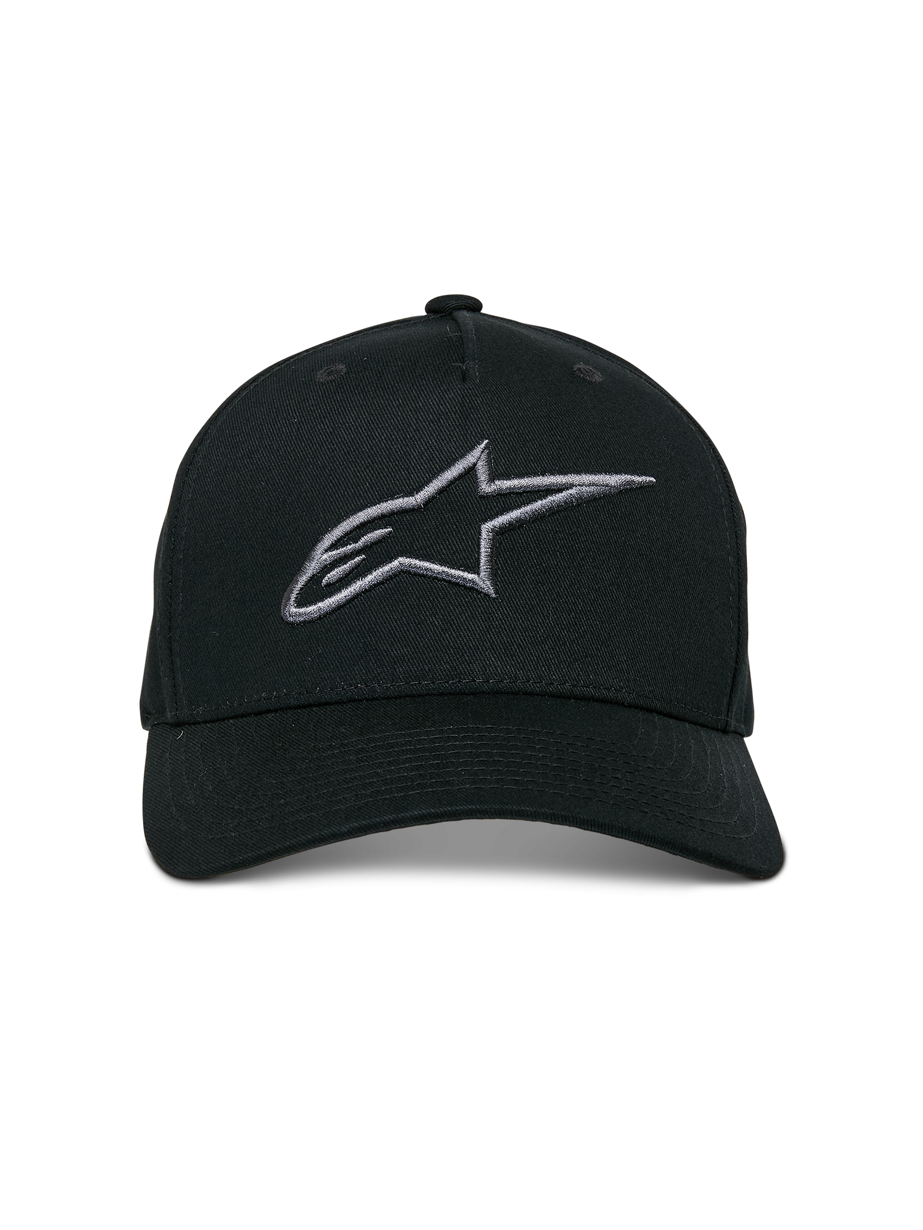 Alpinestars Ageless Snapback Kappe, Schwarz Anthrazit, gebogener Schirm, strukturierte Krone, 3D-besticktes Linear-Logo, lässige, vom Motorsport inspirierte Kopfbedeckung