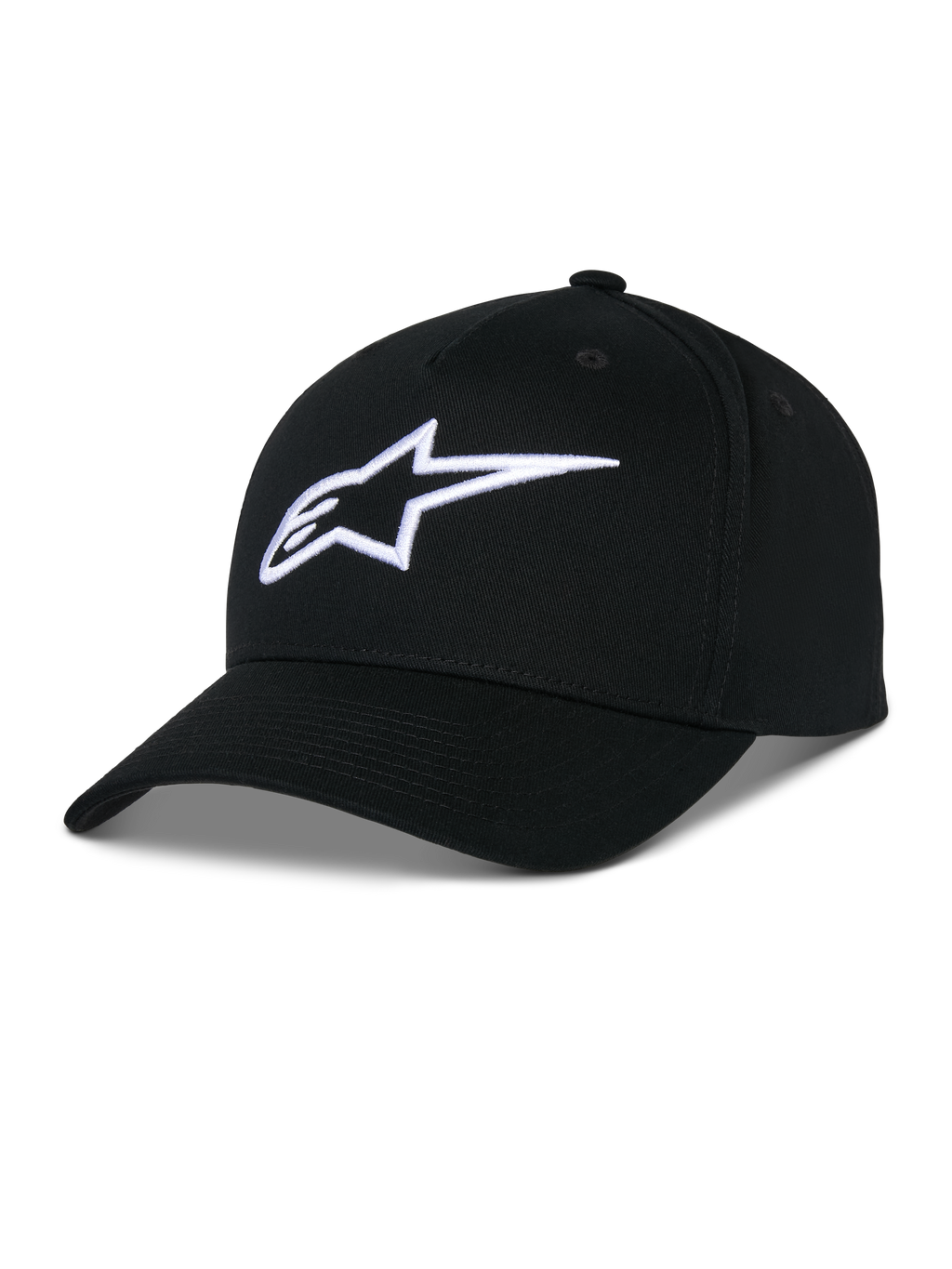 Alpinestars Ageless Snapback Kappe, schwarze Kappe aus Baumwolltwill, strukturierte Krone mit gebogenem Schirm, weißes 3D-besticktes Stern-Logo, lässige Motorsport-Sportbekleidung