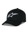 Alpinestars Ageless Snapback Kappe, schwarze Kappe aus Baumwolltwill, strukturierte Krone mit gebogenem Schirm, weißes 3D-besticktes Stern-Logo, lässige Motorsport-Sportbekleidung