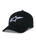 Alpinestars Ageless Snapback Kappe, schwarze Kappe aus Baumwolltwill, strukturierte Krone mit gebogenem Schirm, weißes 3D-besticktes Stern-Logo, lässige Motorsport-Sportbekleidung