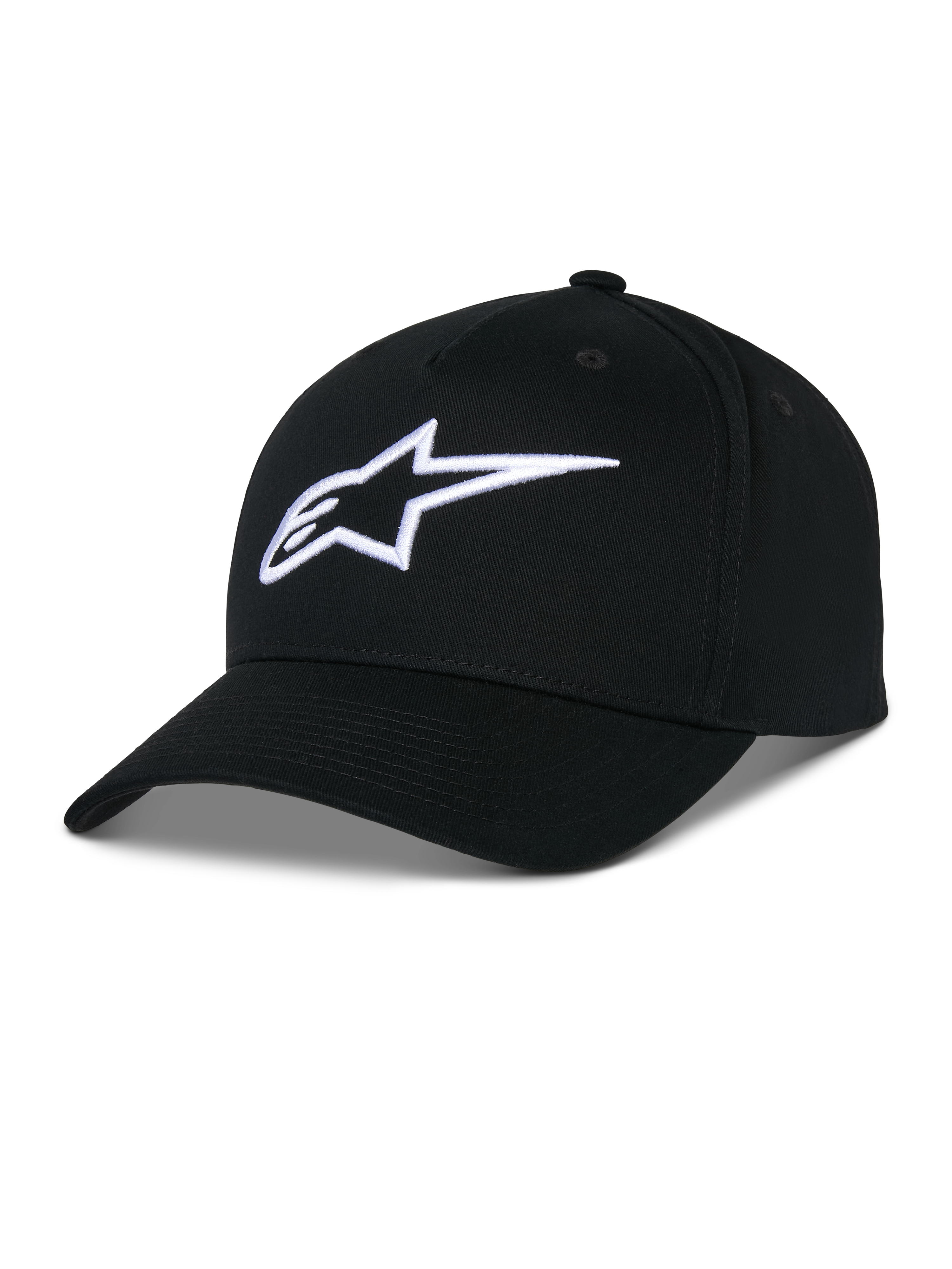 Alpinestars Ageless Snapback Kappe, schwarze Kappe aus Baumwolltwill, strukturierte Krone mit gebogenem Schirm, weißes 3D-besticktes Stern-Logo, lässige Motorsport-Sportbekleidung