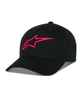 Alpinestars Ageless Snapback Kappe, Schwarz mit rotem 3D-gesticktem A-Star-Logo, strukturierte Krone mit gebogenem Schirm, Baumwoll-Twill-Gewebe, lässiges Sportbekleidungs-Accessoire