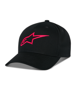 Alpinestars Ageless Snapback Hat, Black with Red 3D embroidered A-star logo, structured crown with curved bill, cotton twill fabric, casual sportswear accessory