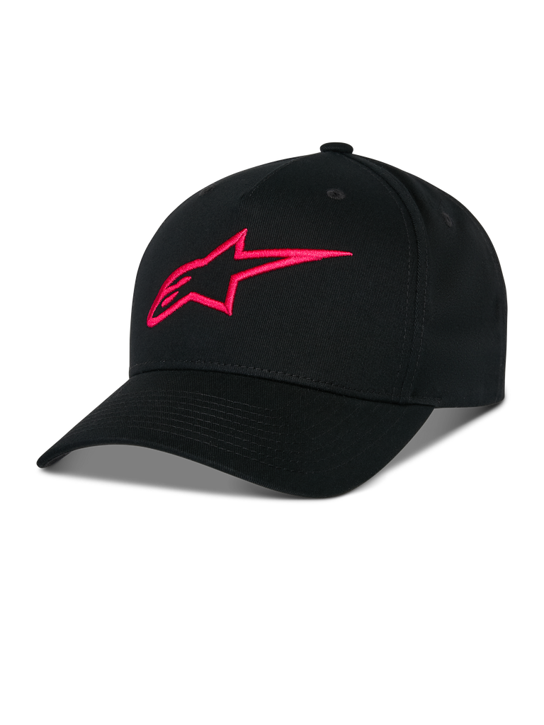 Alpinestars Ageless Snapback Hat, Black with Red 3D embroidered A-star logo, structured crown with curved bill, cotton twill fabric, casual sportswear accessory