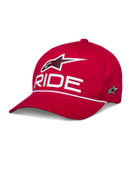Alpinestars Ride Comp Snapback Hat, Rot, mit weißem 3D-Astars-Logo und „RIDE“-Schriftzug, gebogener Schirm mit weißem geflochtenem Kordelbesatz, strukturierte Krone, lässige Sportbekleidung