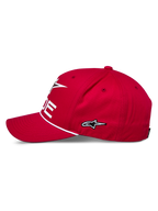 Alpinestars Ride Comp Snapback Kappe, Rot, Seitenprofil, weiß gesticktes Stern-Logo, geflochtener Seilbesatz, gebogener Schirm, lässige Motorsport-Sportbekleidung