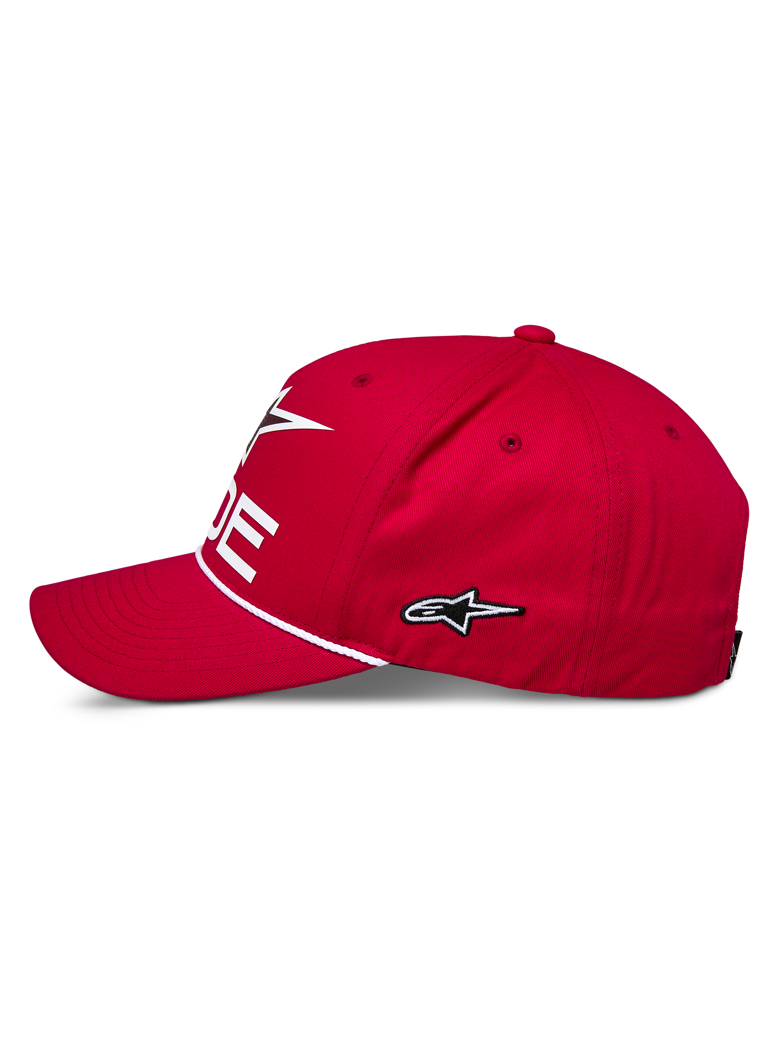 Alpinestars Ride Comp Snapback Kappe, Rot, Seitenprofil, weiß gesticktes Stern-Logo, geflochtener Seilbesatz, gebogener Schirm, lässige Motorsport-Sportbekleidung