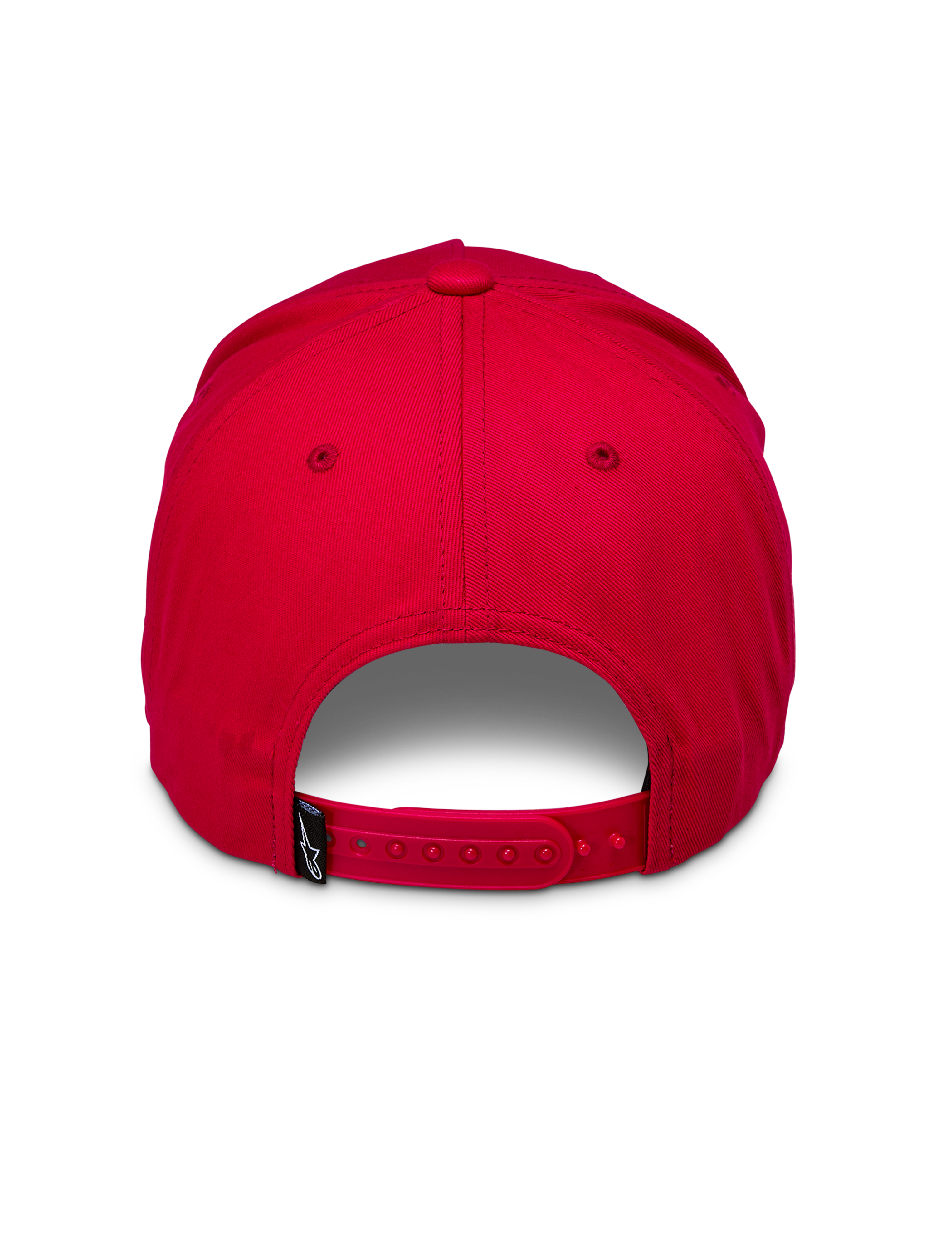 Alpinestars Ride Comp Snapback Mütze, Rot, Rückansicht mit verstellbarem rotem Snapback-Verschluss und kleinem schwarzen Webetikett mit weißem Logo, strukturierte Krone, lässige Kopfbedeckung